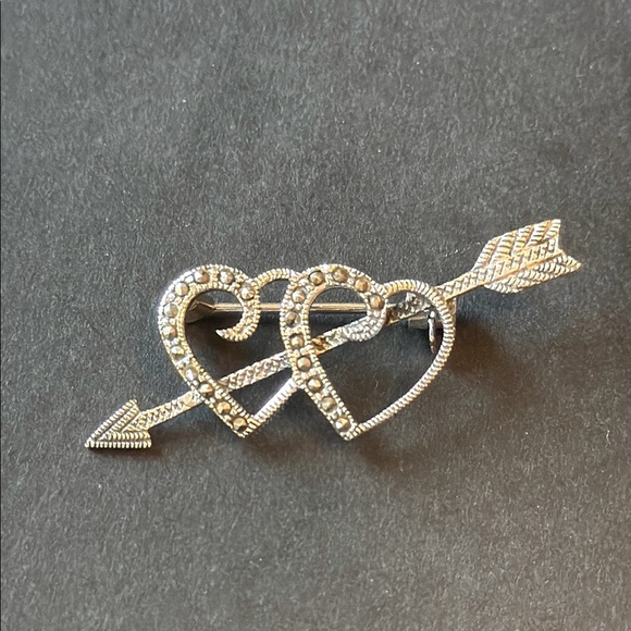 Jewelry - Sterling Silver Marcasite Double Heart Arrow Brooch